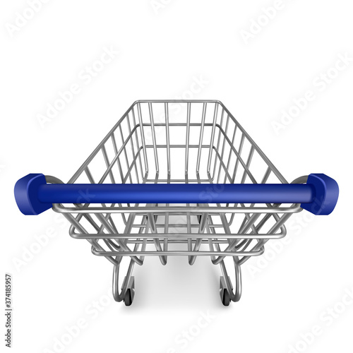 Shopping trolley, empty supermarket cart view from the first person isolated on white. Customers equipment for purchasing in retail shop, grocery and store market. Realistic 3d vector illustration