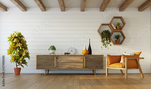 Quadro su tela Modern interior design of living room with wooden furniture and rafter ceiling,