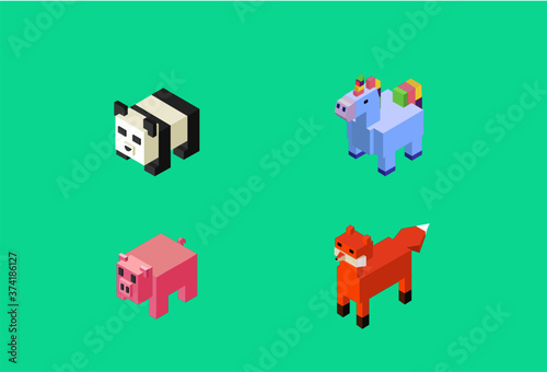 Isometric animals set. Vector 3d animals. isometric fox, isometric panda, isometric unicorn, isometric pig