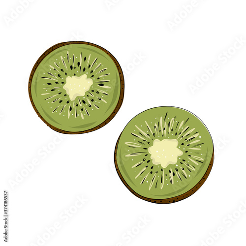 Set of juicy green kiwi fruits on a white background. Cut pieces.