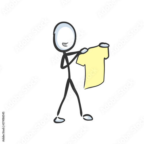 shopoholic choosing clothes. Trying shirt. Washed clean t-shirt. Vector simple. Stickman no face clipart cartoon. Hand drawn. Doodle sketch, graphic illustration
