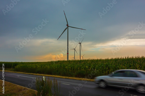 Modern windmills in a corn field at sunset  © Gert-Jan van Vliet