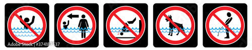Swimming pool rules on black background. Set of icons and symbol for pool. No Diving sign, No pets sign, No peeing in pool icon, Don't swim alone icon.