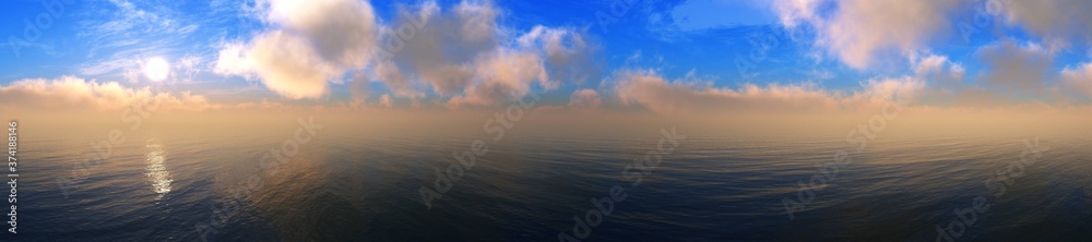 Panorama of the sea sunset, Ocean sunrise in the clouds, banner, 3D rendering Panorama of the sea sunset, Ocean sunrise in the clouds, banner, 3D rendering