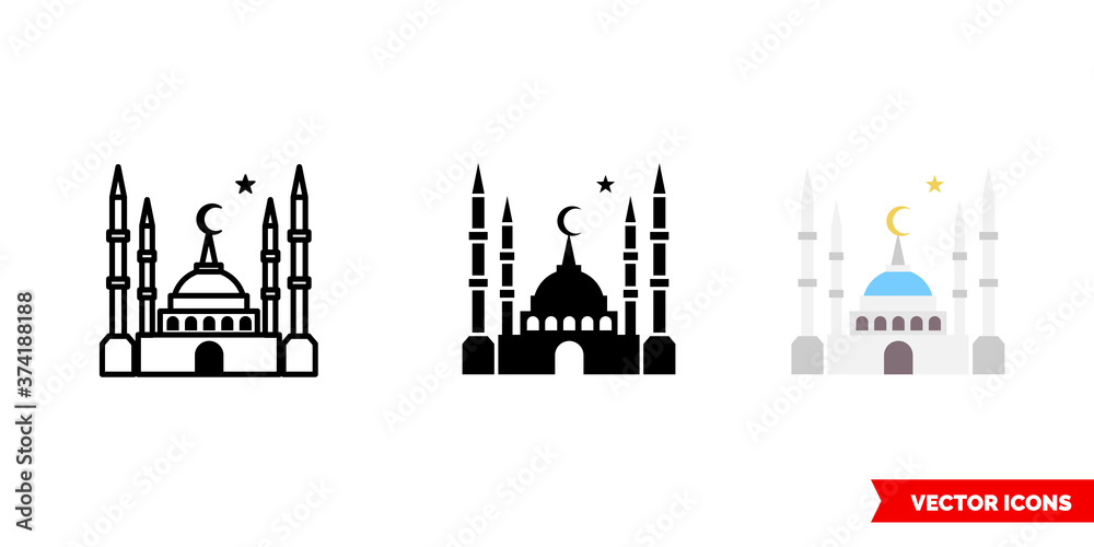 Mosque icon of 3 types color, black and white, outline. Isolated vector sign symbol.