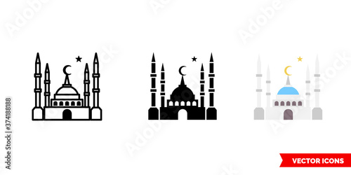 Mosque icon of 3 types color  black and white  outline. Isolated vector sign symbol.