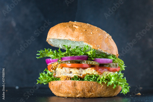 burger meat pork, beef or chicken grilled cutlet sandwich and vegetables serving size organic healthy ething top view copy space for text