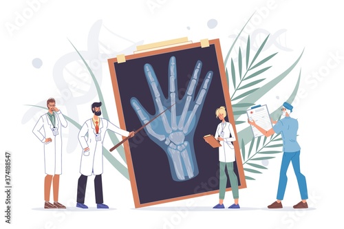 Arm hand examination. Wrist trauma or arthritis diagnosis, treatment. Doctor, nurse team examine x-ray image scan. Medical consultation. Orthopedics, traumatology and rheumatology medicine.