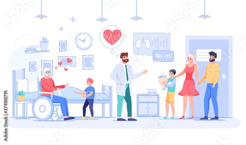 Relatives visiting handicapped grandfather at rehabilitation clinic. Happy young couple, children meeting granny talking to doctor in hospital ward. Positive medical forecast for sick retired patient