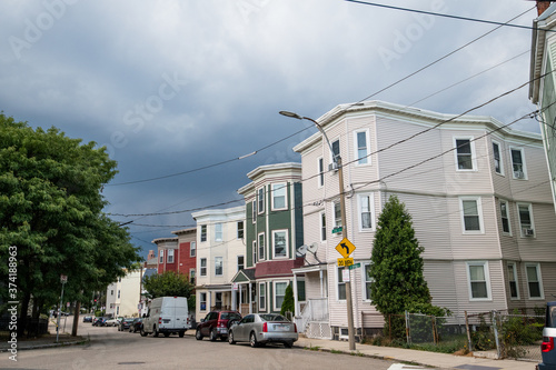 Dark storm clouds approaching in Dorchester, Boston suburbs