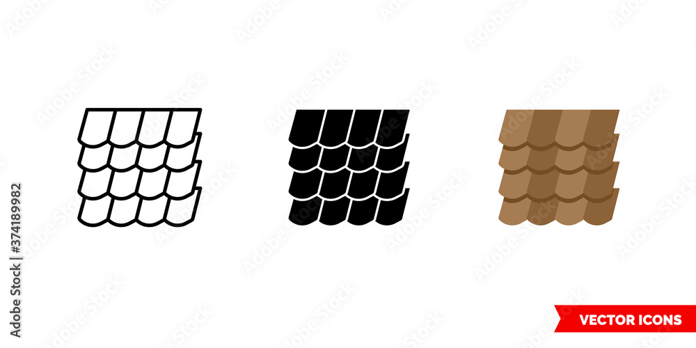 Roof shingles icon of 3 types color, black and white, outline. Isolated ...