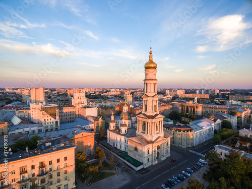 evening aerial view to Holy Dormition Cathedral in Kharkiv