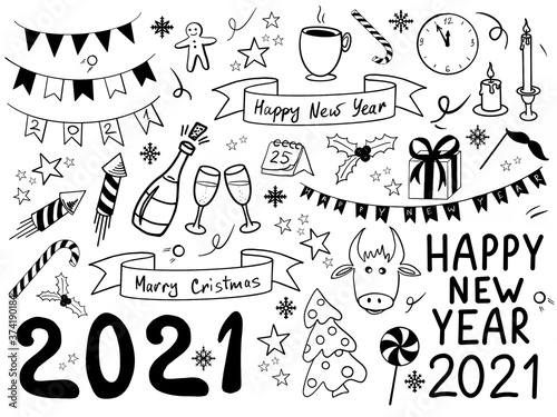 Outline hand drawn doodle set of objects and symbols on the New Year 2021 and Christmas theme