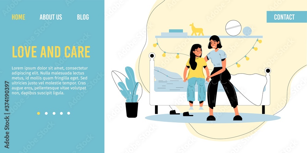Mother daughter loving relationship. Mom embracing adorable girl child. Woman parent kid having nice conversation before bedtime sitting on bed in cozy bedroom. Happy family. Landing page