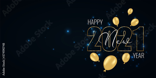 Happy New Year 2021 and Merry Christmas greeting card with empty space for greeting text. Golden numbers and air balloon on black background with glowing stars light. Vector illustration