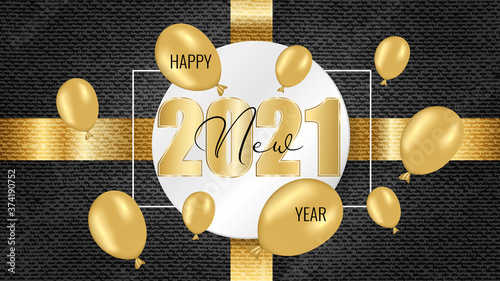 Happy New Year 2021. Golden number on white round sticker, gold ribbon. Thrown up  gold balloon on black grunge background. Template for New Year design. Vector illustration