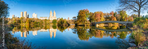 Panoramic view of the Lake and Bow Bridge in Central Park, New York City, USA