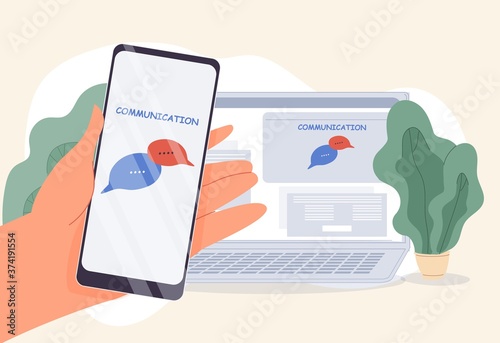 Online chat internet application for modern wireless communication. Smartphone synchronized computer. Human hand holding mobile phone. Speech bubble design. Data exchange, receive send message