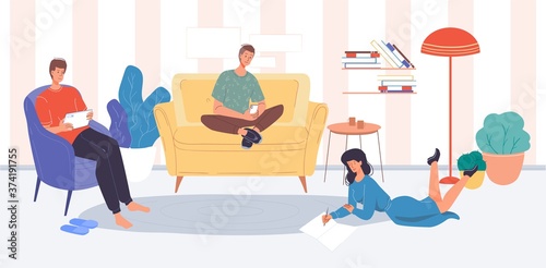 People using digital gadget relaxing stay at home. Teenager student friend surfing internet studying doing homework online via mobile phone, tablet device. Wireless technology, learning entertainment