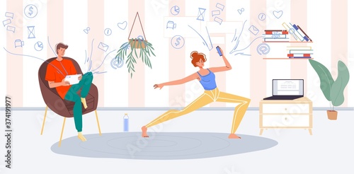 Young family morning. Man surfing internet, working online, checking email. Woman training, doing warm-up workout yoga exercise watching video tutorial. Couple mobile gadget social network addiction