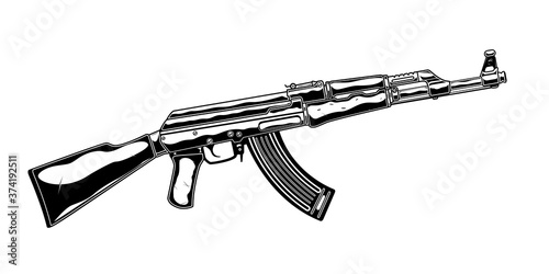 Vintage monochrome detailed illustration of kalashnikov assault rifle. Isolated vector template