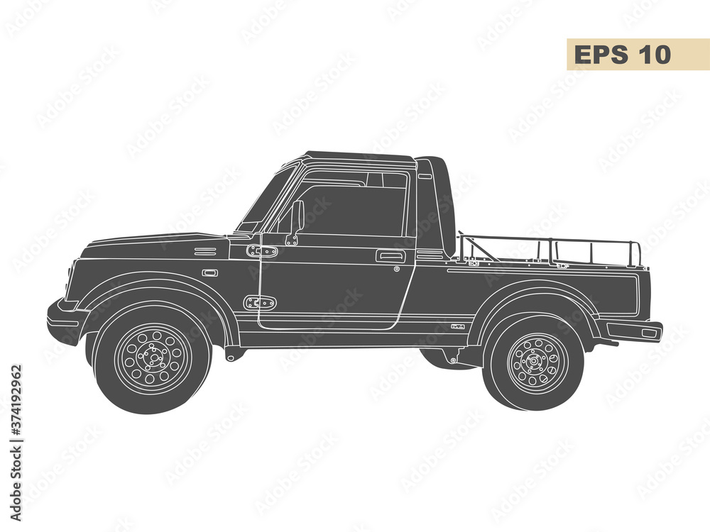 Vector icon of retro car pickup. Contour isolated on a white background. Retro car side view. Vector icon of retro car pickup. Contour isolated on a white background. Retro car side view.