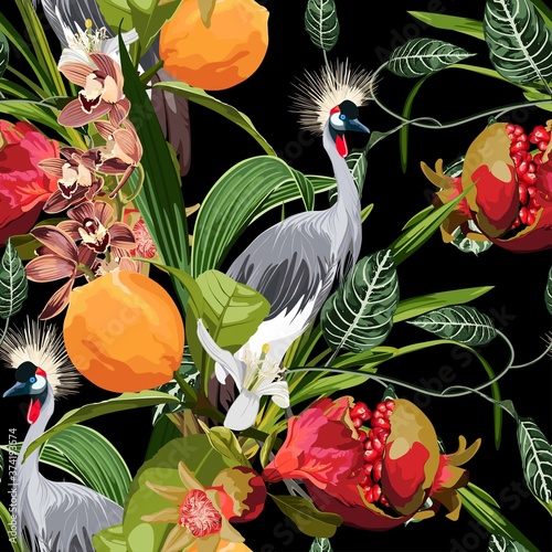 Seamless pattern with jungle plants, liana, leaves, orchid flowers and exotic bird animals. Illustration on black background.