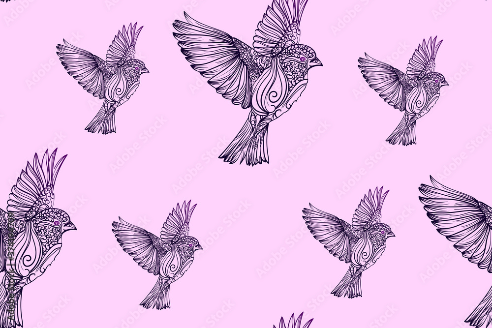 seamless pattern of a drawn abstract Sparrow bird on a pink background. Botanical design. Perfect for gift packages, labels, textiles, postcards. EPS 10 seamless pattern of a drawn abstract Sparrow bird on a pink background. Botanical design. Perfect for gift packages, labels, textiles, postcards. EPS 10