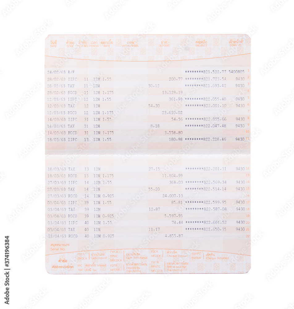bank account Thailand passbook isolated on white background