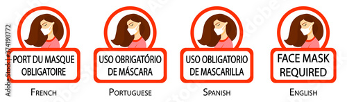 French, Portuguese, Spanish text. Translation: "Wearing mask is mandatory".  Face mask required sign. Set of signs. Foreign languages. Red and white. Woman using mask. Young lady