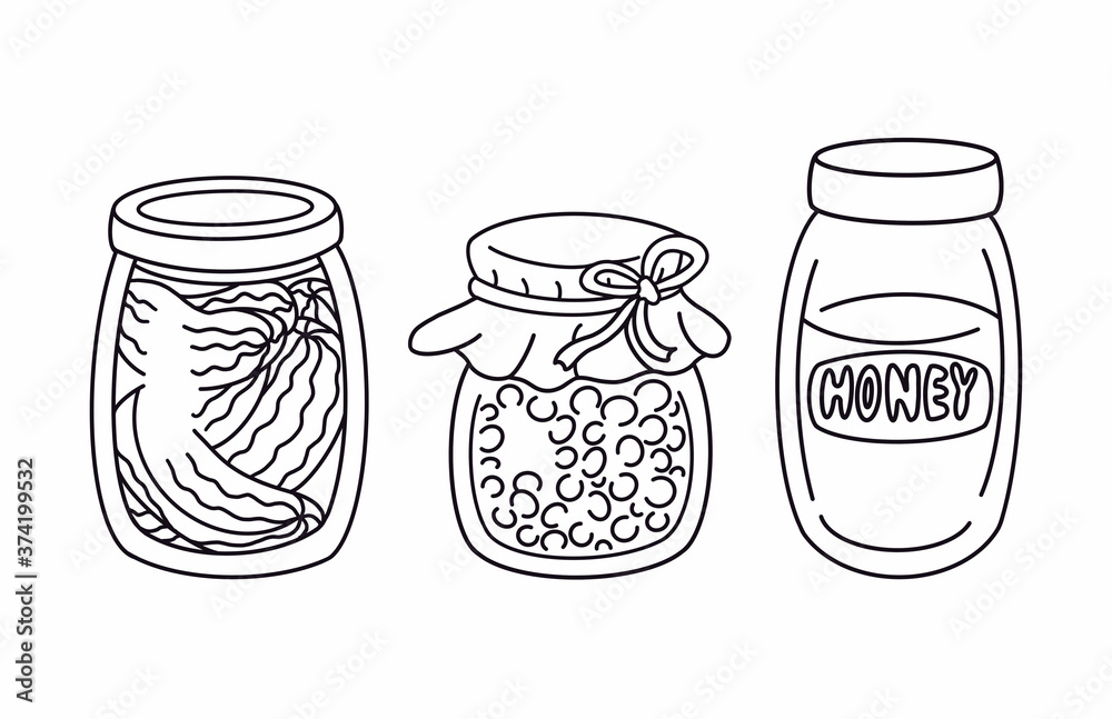 Set of outline glass jar of jam, honey and pickles. Natural food, homemade  preserve product for pantry/supply cellar. Hand drawn cartoon design  elements isolated. Line art, doodle, coloring book page Stock Illustration |