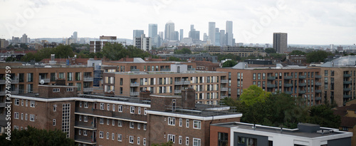panoramic view of London with Canary Wharf in background photographed from dalston