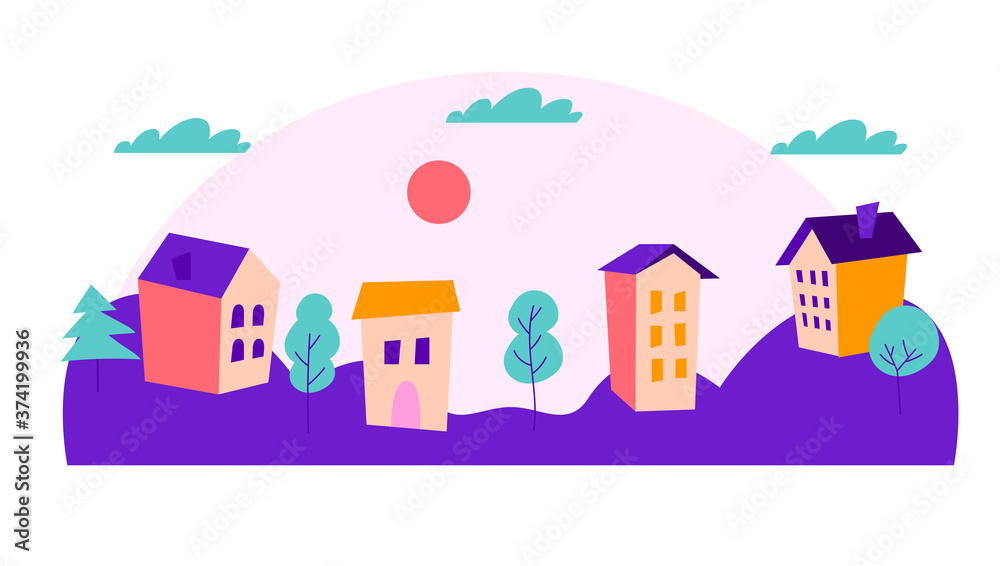 Vector colorfull cityscape at evening with houses and hills