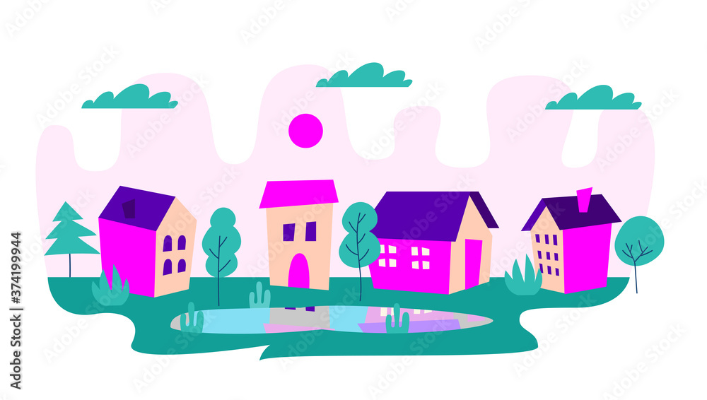 Colorfull flat cityscape scene buildings with lake