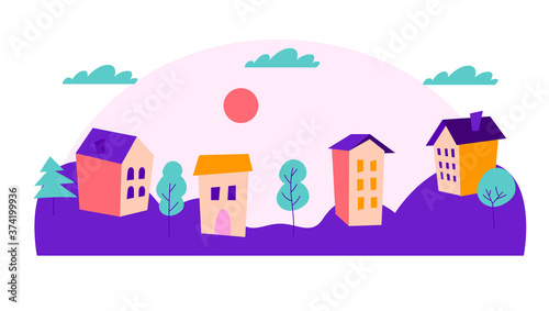 Vector colorfull cityscape at evening with houses and hills