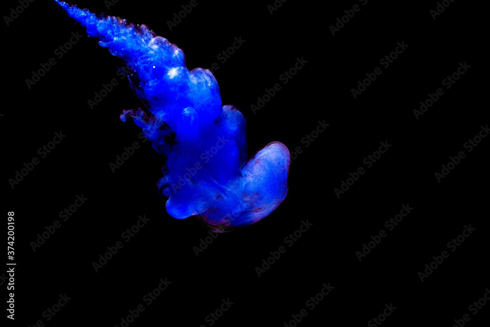 A cloud of blue paint released into clear water. Isolate on a black background. A cloud of blue paint released into clear water. Isolate on a black background.