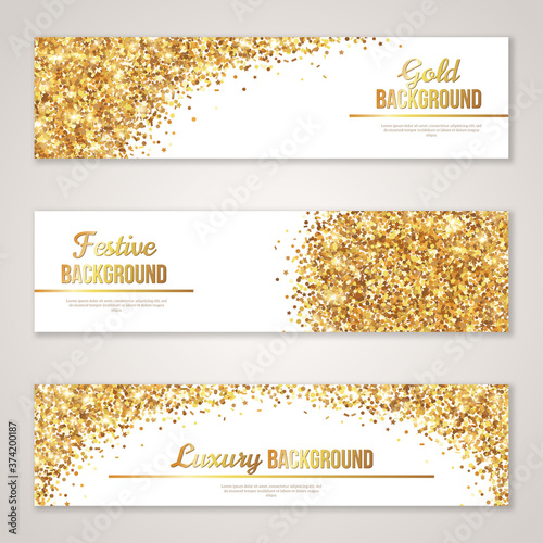 Banner Design with Gold Glitter Texture. Invitation Decorative Card Template, Gift Card, Voucher Design, Holiday Invitation. Glowing New Year or Christmas Backdrop. Certificate for Shopping.