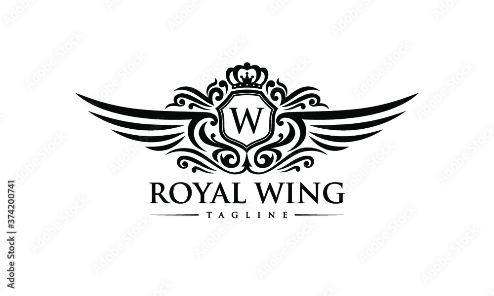 Classy Black Royal Wing Logo on White Background - Fancy Letter Crest Design - Elegant Vintage Initial Brand Icon - Luxury Wing and Crown Monogram - Heraldic King Vector Illustration Classy Black Royal Wing Logo on White Background - Fancy Letter Crest Design - Elegant Vintage Initial Brand Icon - Luxury Wing and Crown Monogram - Heraldic King Vector Illustration