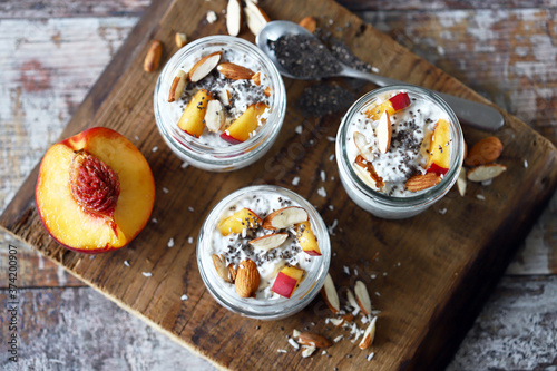Chia yogurt with peach in a jar. Healthy breakfast. Keto breakfast.