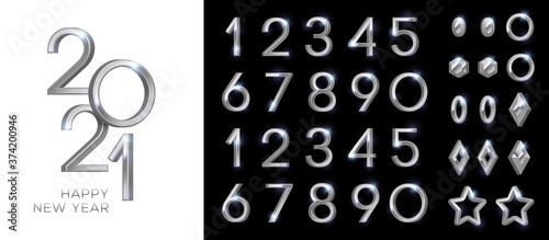 3d silver numbers set in vintage style. Vector illustration. Minimal invitation design for Christmas and New Year 2021 with metal steel retro elements circle, star and baubles.