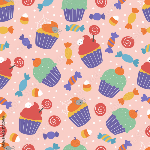 Halloween seamless pattern with sweets. Spooky cupcakes and candies on pink background. Vector cartoon food. Ideal for print on fabric, paper and wallpaper.