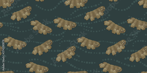 Brown or yellow cute happy Tardigrade, water bears or moss piglets vector repeat seamless pattern on dark blue background