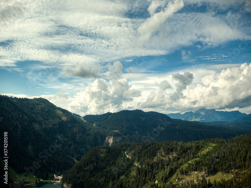 Gosausee mountain peaks aerial view with clouds
