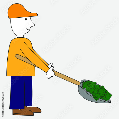 Man holding a shovel with money