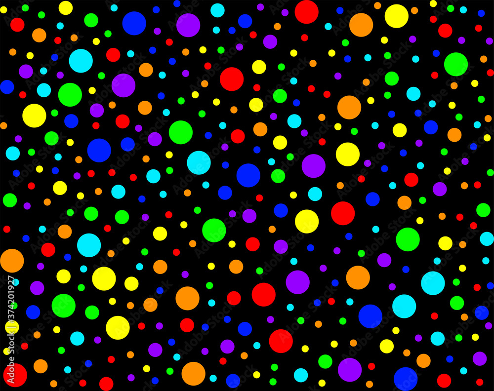 Colorful vector background. Seamless pattern for greeting card. Rainbow on black color. Bright dotted print for textiles. Color dots different sizes. Small and big confetti for new year party.