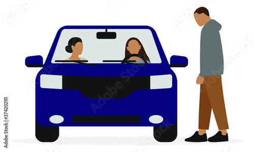 Two female characters in a car and a male character next to the car