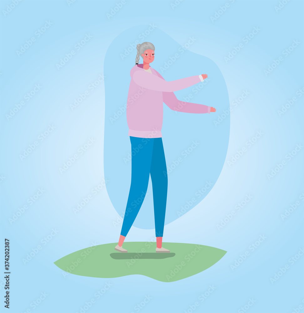 Senior woman cartoon with sportswear stretching design, Outdoor activity theme Vector illustration Senior woman cartoon with sportswear stretching design, Outdoor activity theme Vector illustration