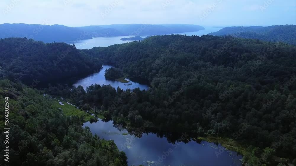 drone flight over a forest, lake and fjord drone flight over a forest, lake and fjord