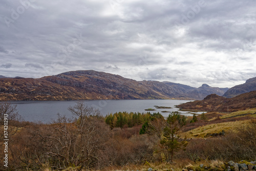 The Moine Thrust Geological feature seen above Loch Glencoul, at the UNESCO North West Highlands Geopark on an overcast day in April.