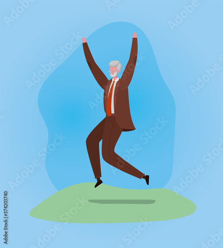 Senior man cartoon jumping on blue background design, grandfather and old male person theme Vector illustration